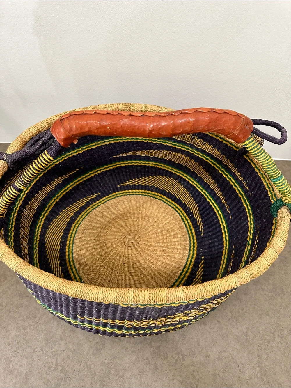 Large Bolga Basket Woven Striped Storage Basket Leather Handle Multicolor Ghana